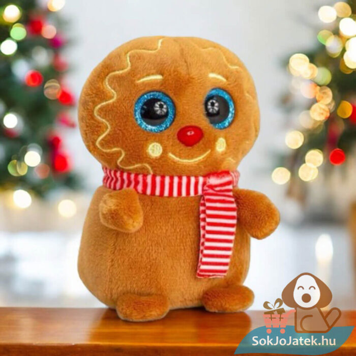 Csillogó szemű karácsonyi plüss mézeskalács az asztalon, 10 cm (Mini Motsu, Keel Toys)