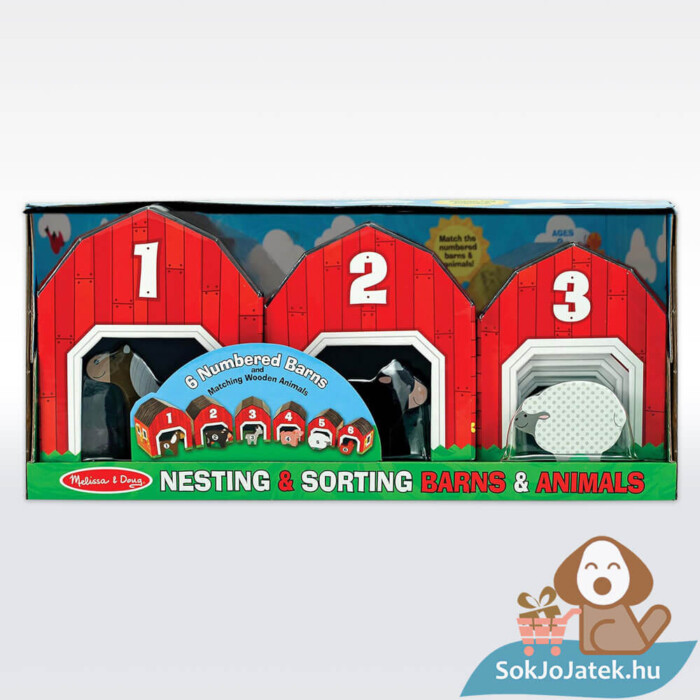 Ól soroló, párosító és rakosgató fejlesztő játék doboza, 6 óllal és 6 állattal (Melissa & Doug)