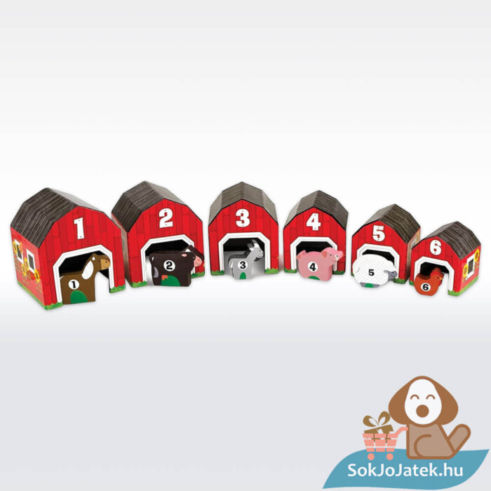 Ól soroló, párosító és rakosgató fejlesztő játék tartalma, 6 óllal és 6 állattal (Melissa & Doug)