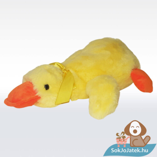 Átölelhető, hason fekvő, sárga plüss kacsa párna sárga masnival (36 cm)