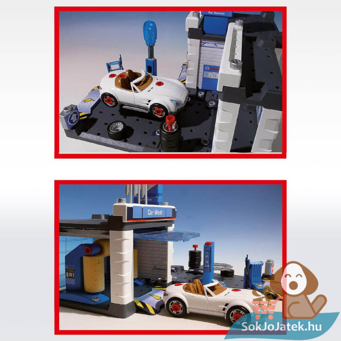 Bosch Service játék szerelőműhely autómosóval játék közben (Klein 8647)