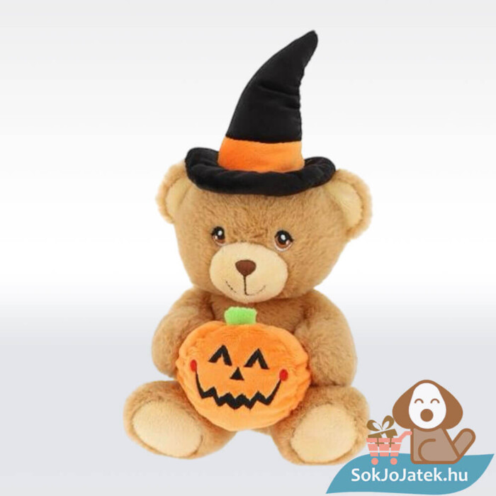 Boszorkány sapkás Halloweeni plüss maci tök figurával, többféle méretben (Keel Toys)
