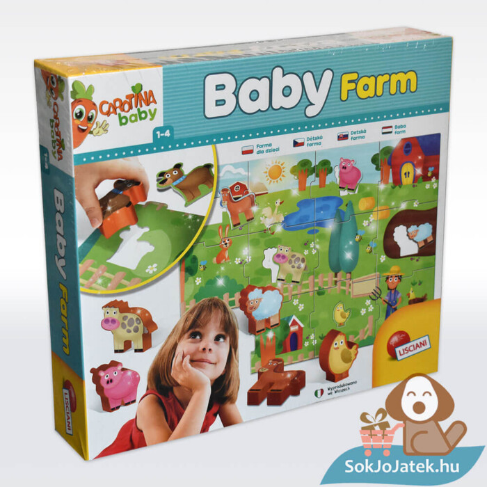 Carotina Baby: Baba farm puzzle doboza jobbról, 3D állatokkal