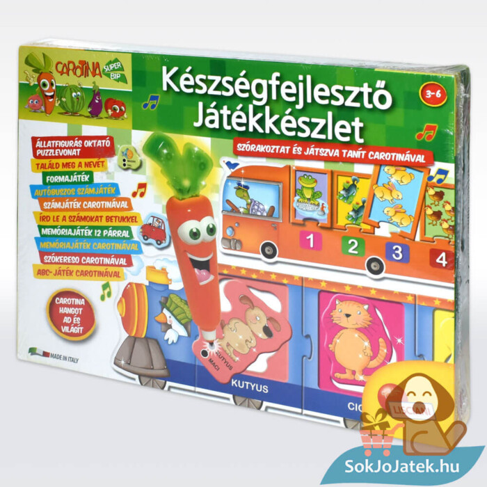 Carotina: Interaktív készségfejlesztő játékgyűjtemény doboza, balról, 10 az 1-ben, hangot adó répa alakú tollal