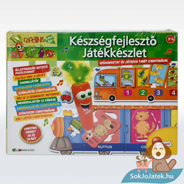Carotina: Interaktív készségfejlesztő játékgyűjtemény doboza, előről, 10 az 1-ben, hangot adó répa alakú tollal