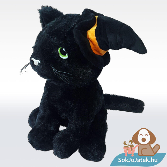 Halloweeni fekete plüss cica boszorkány kalapban balról, többféle méretben (Keel Toys)