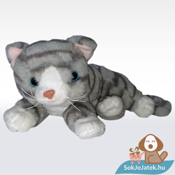 Mirci, a fekvő plüss cirmos cica (25 cm)