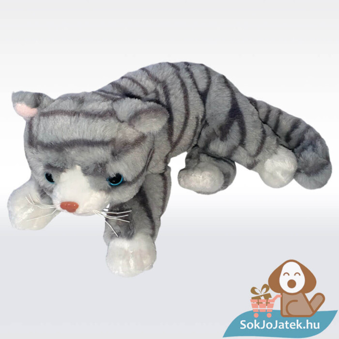 Mirci, a fekvő plüss cirmos cica felülről (25 cm)