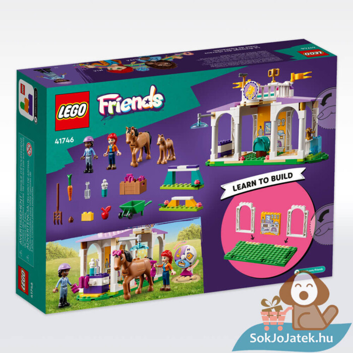 Új lovasiskola doboza, hátulról, Aliya és Mia figurákkal, 2 lóval, kiegészítőkkel (Lego Friends 41746)