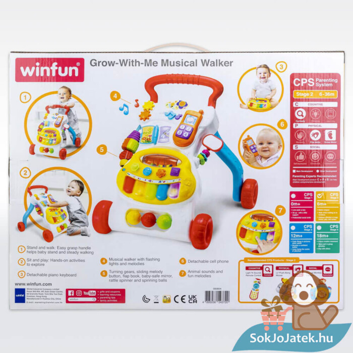 Zenélő bébi járássegítő doboza hátulról, fényekkel, hangokkal (Winfun)