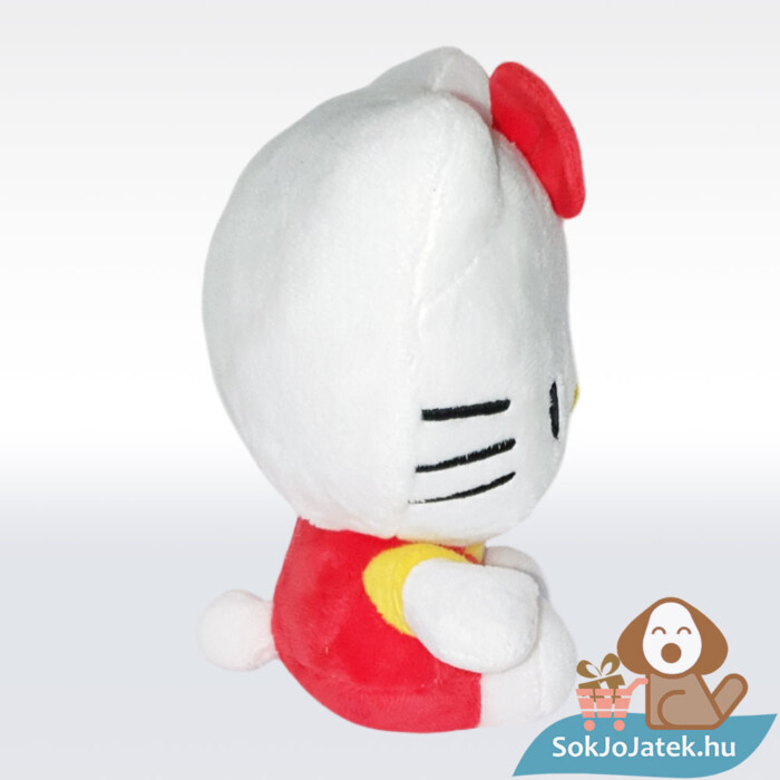 Hello Kitty plüss cica piros ruhában oldalról (14 cm)