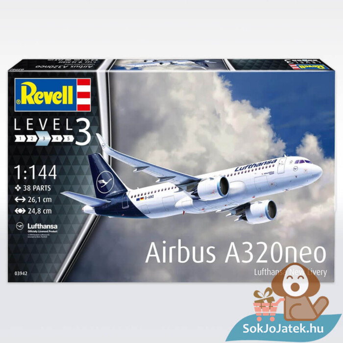 Lufthansa Airbus A320 Neo 1:144 makett készlet doboza, festékkel, ragasztóval (Revell 63942)