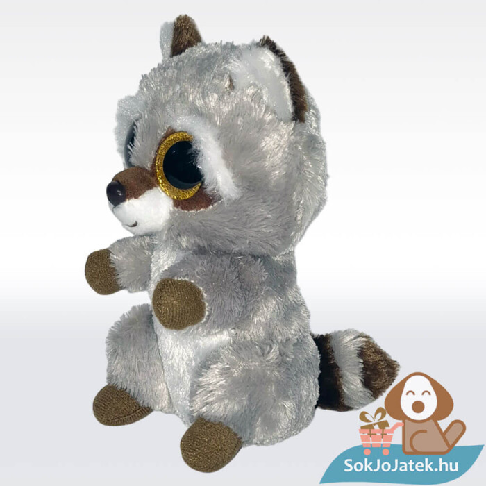 Ty Beanie Boos: Oakie, a csillogó szemű szürke plüss mosómedve balról (15 cm)