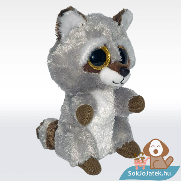 Ty Beanie Boos: Oakie, a csillogó szemű szürke plüss mosómedve jobbról (15 cm)