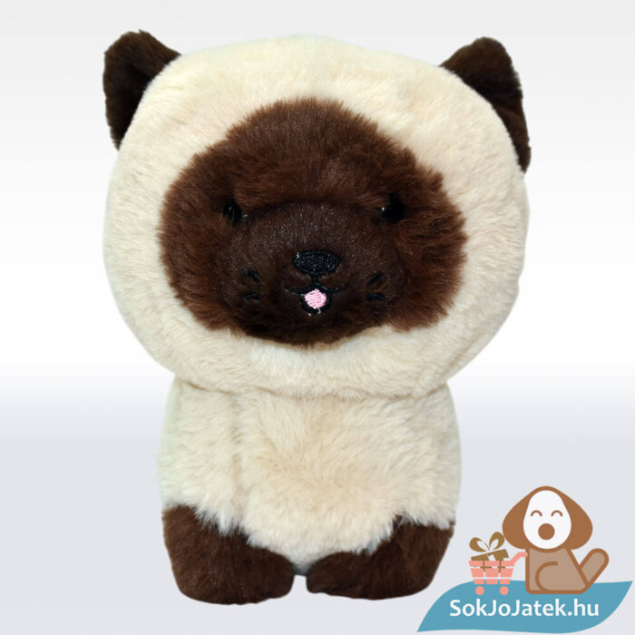 Álló barna-bézs színű sziámi plüss Teddy cica előről, 18 cm (Aurora)