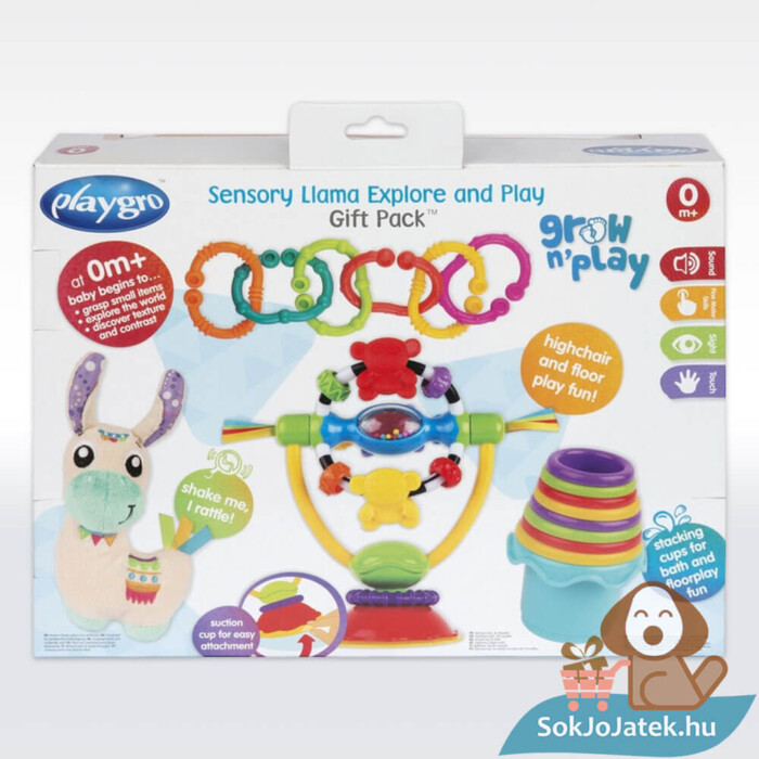 Bújós láma, 4 az 1-ben készségfejlesztő bébijáték szett doboza, hátulról (Playgro)