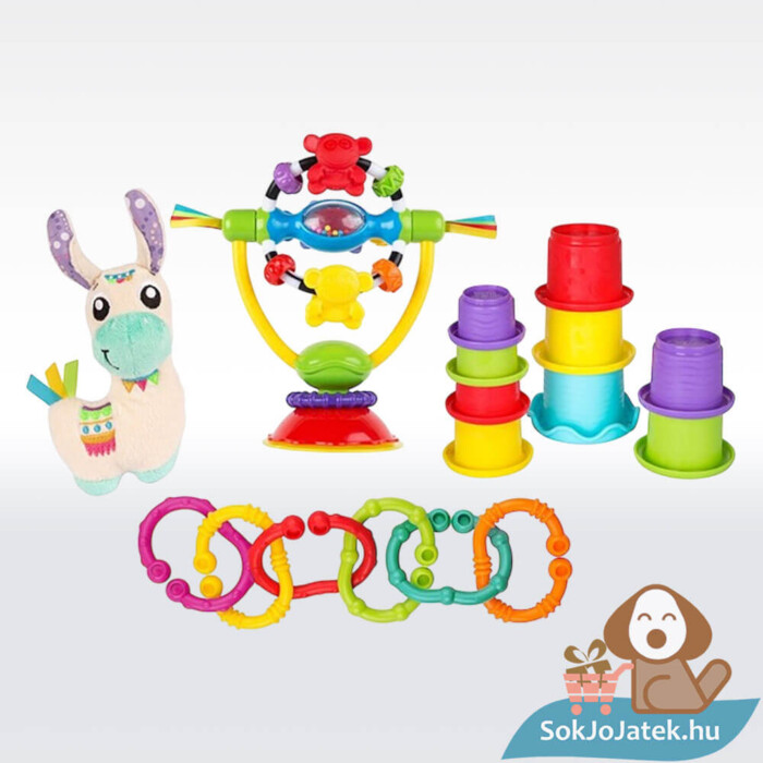 Bújós láma, 4 az 1-ben készségfejlesztő bébijáték szett tartalma (Playgro)