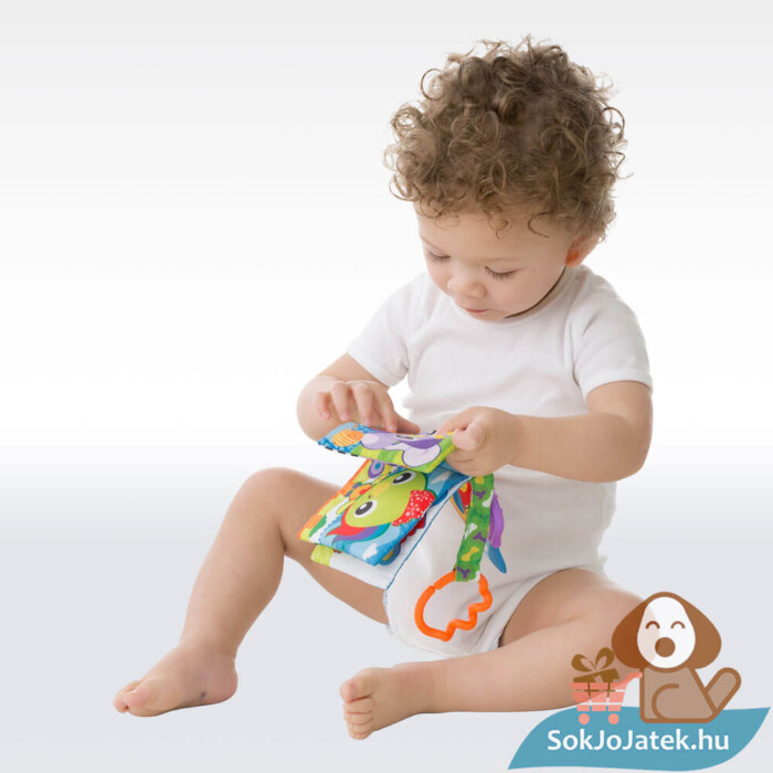 Egy nap a farmon, rágókás textilkönyv babáknak, zörgőpapírral, hanggal (Playgro)