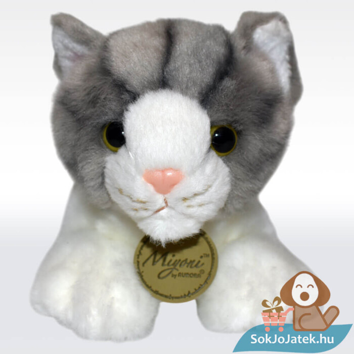 Élethű fekvő szürke-fehér plüss cica előről, 20 cm (Aurora, Miyoni)