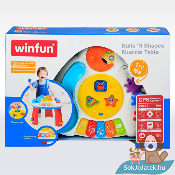 Labdák és formák zenélő készségfejlesztő bébiasztal doboza (Winfun)