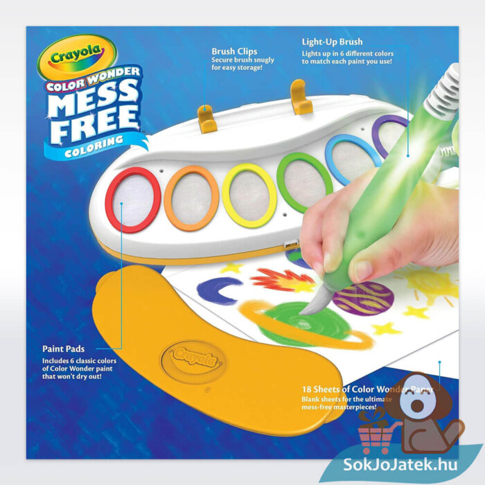 Crayola: Color Wonder varázs festőkészlet doboza hátulról, világító ecsettel
