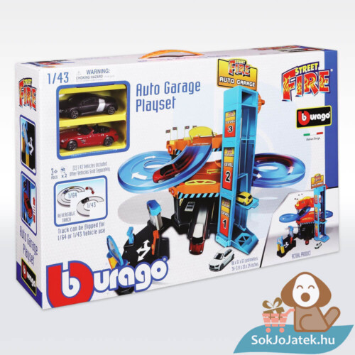 Három emeletes garázs, 2 db 1:43 kisautóval játékszett (Bburago Street Fire)