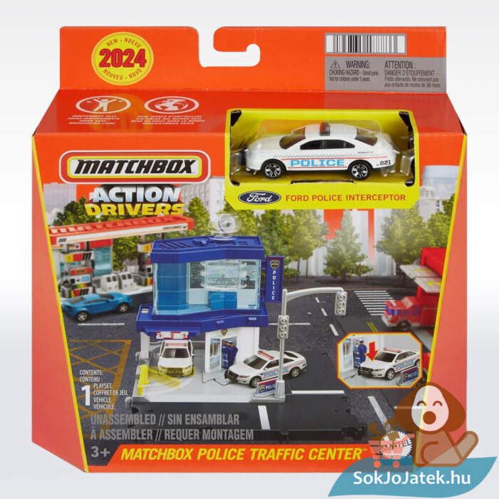 Matchbox: Városi pálya: Rendőrség sorompója, 1:64 méretarányú Ford Police Interceptor rendőrautóval