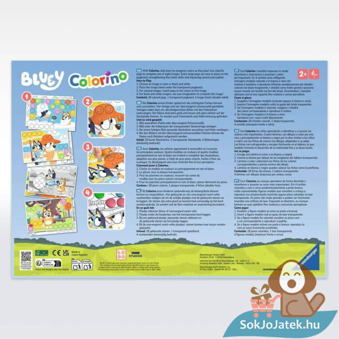 Bluey: Colorino, készségfejlesztő társasjáték doboza, hátulról a színekkel (Ravensburger)