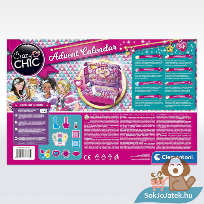 Crazy Chic: Adventi kalendárium sminkeszközökkel, beauty termékekkel, doboza, hátulról lányoknak (Clementoni)