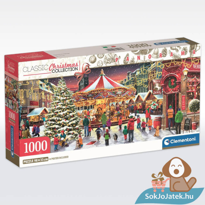 Meghitt karácsonyi vásár, 1000 db-os panoráma puzzle doboza (Clementoni Christmas Collection, 39928)